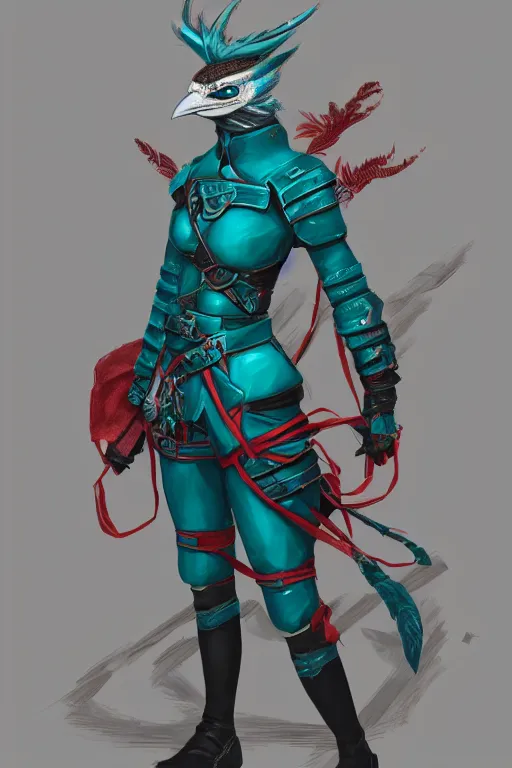 Prompt: female adventurer in tight full - body teal leather armor of japanese design with red accents and a white porcelain crow mask, trending in artstation, japanese, establishing shot