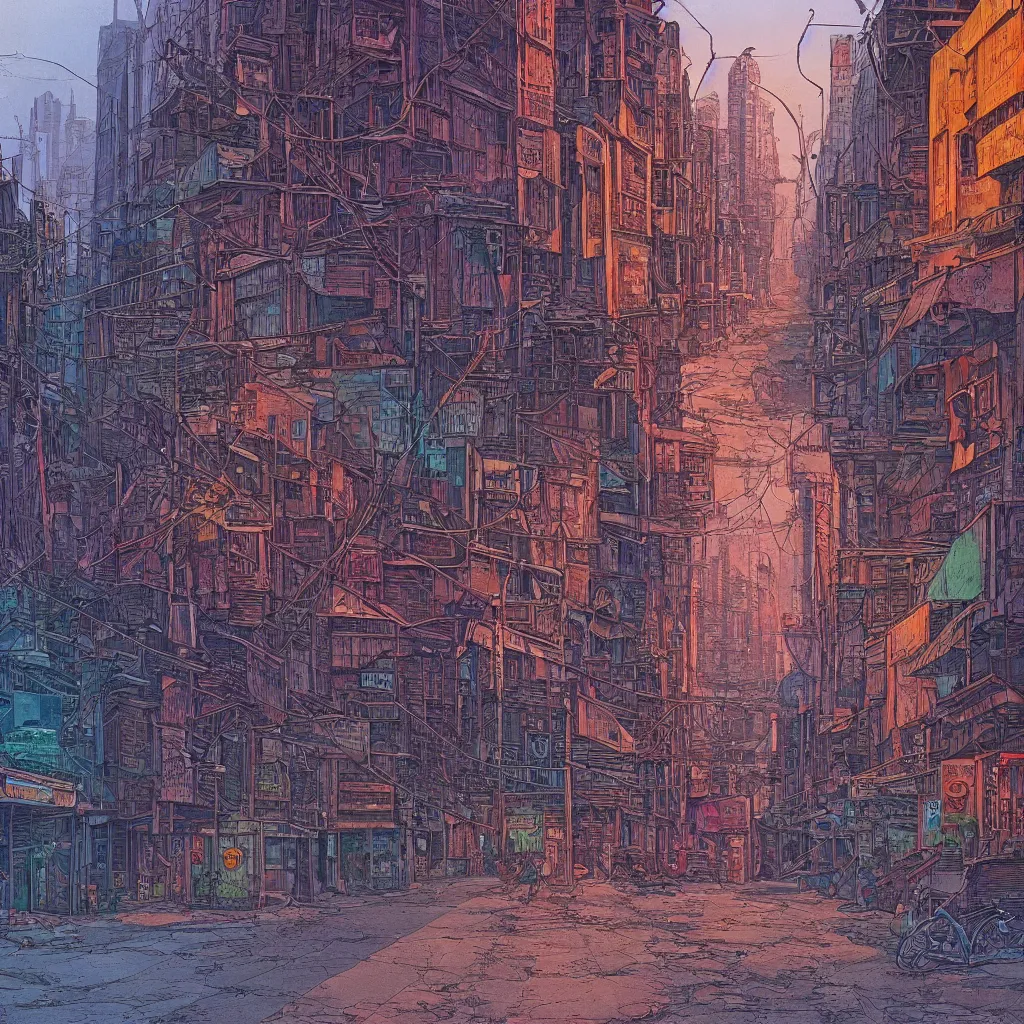 Prompt: desolate dhaka city street in the style of Jean Giraud Moebius, 4K