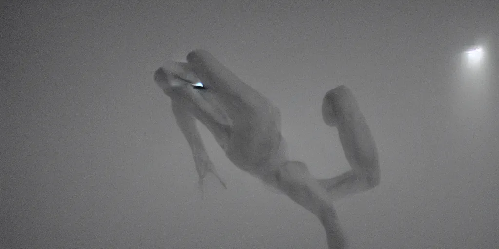 Prompt: a human-like creature crawling on the ceiling on a dark room, night vision, 240P