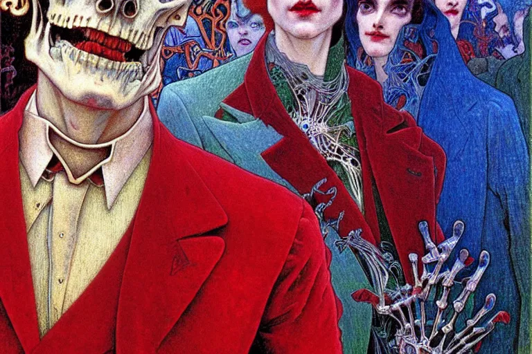 Image similar to realistic detailed closeup portrait painting of a single skeleton wearing red velvet blazer in a crowded futuristic moscow street by Jean Delville, Amano, Yves Tanguy, Alphonse Mucha, Ernst Haeckel, Edward Robert Hughes, Roger Dean, rich moody colours, blue eyes