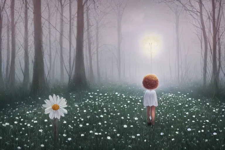 Image similar to giant white daisy flower head, girl walking in dark forest, surreal photography, dark night, stars, moon light, impressionist painting, clouds, digital painting, artstation, simon stalenhag