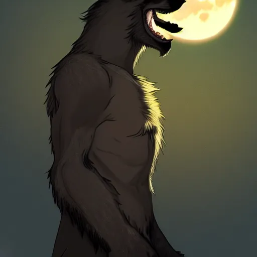 Image similar to male werewolf at night with black realistic fur, under the moon, ultra detail, anime style, 8 k