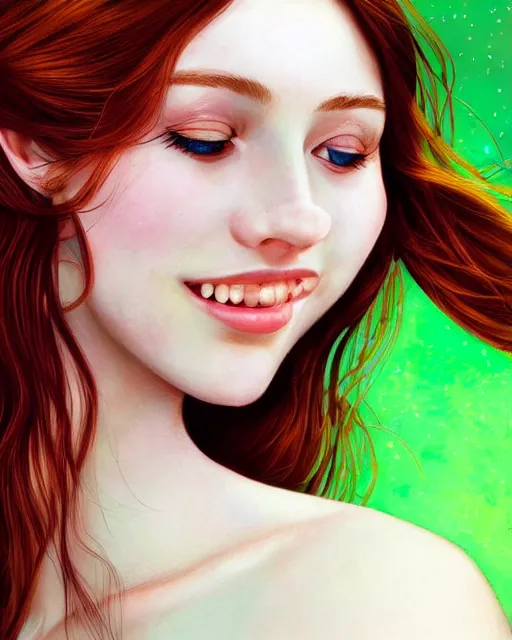 Prompt: a happy, modern looking young woman looking over shoulder, intricate detailed dress, among the lights of golden fireflies and nature, long loose red hair, bright green eyes, small nose with freckles, triangle shape face, smiling, dreamy scene, golden ratio, high contrast, hyper realistic digital art by caravaggio and artgerm.