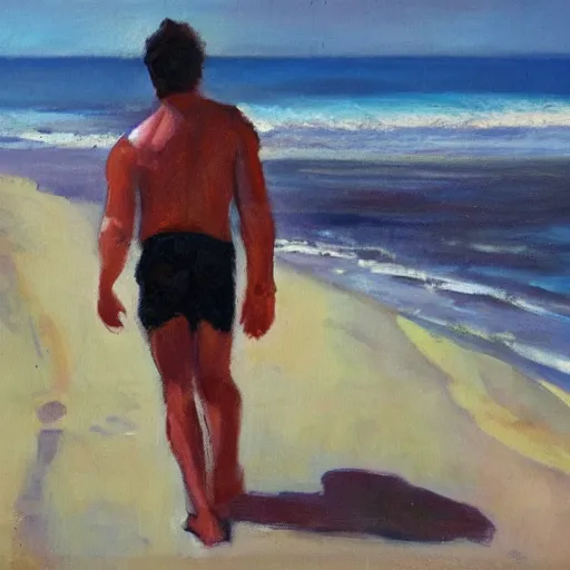 Prompt: a man walking in a sunny day in the beach with black shorts, oil painting