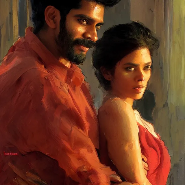 Prompt: book cover for a tamil man and red headed spanish girl portrait, elegant, intricate, digital painting, artstation, concept art, smooth, sharp focus, illustration, art by konstantin korovin and daniel f. gerhartz and john howe