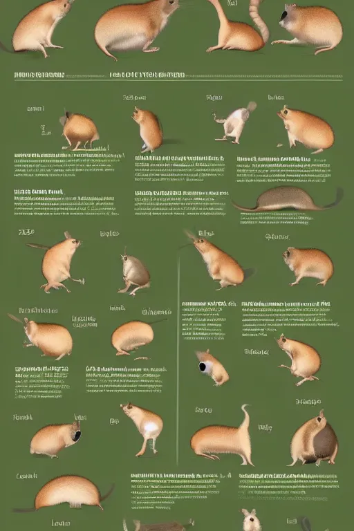 Image similar to breeds of rodents, infographic of new species of large rodent that come in new colors for pet owners, rodent morphs, rodent races, comparisons of different rodents, detailed scientific illustration