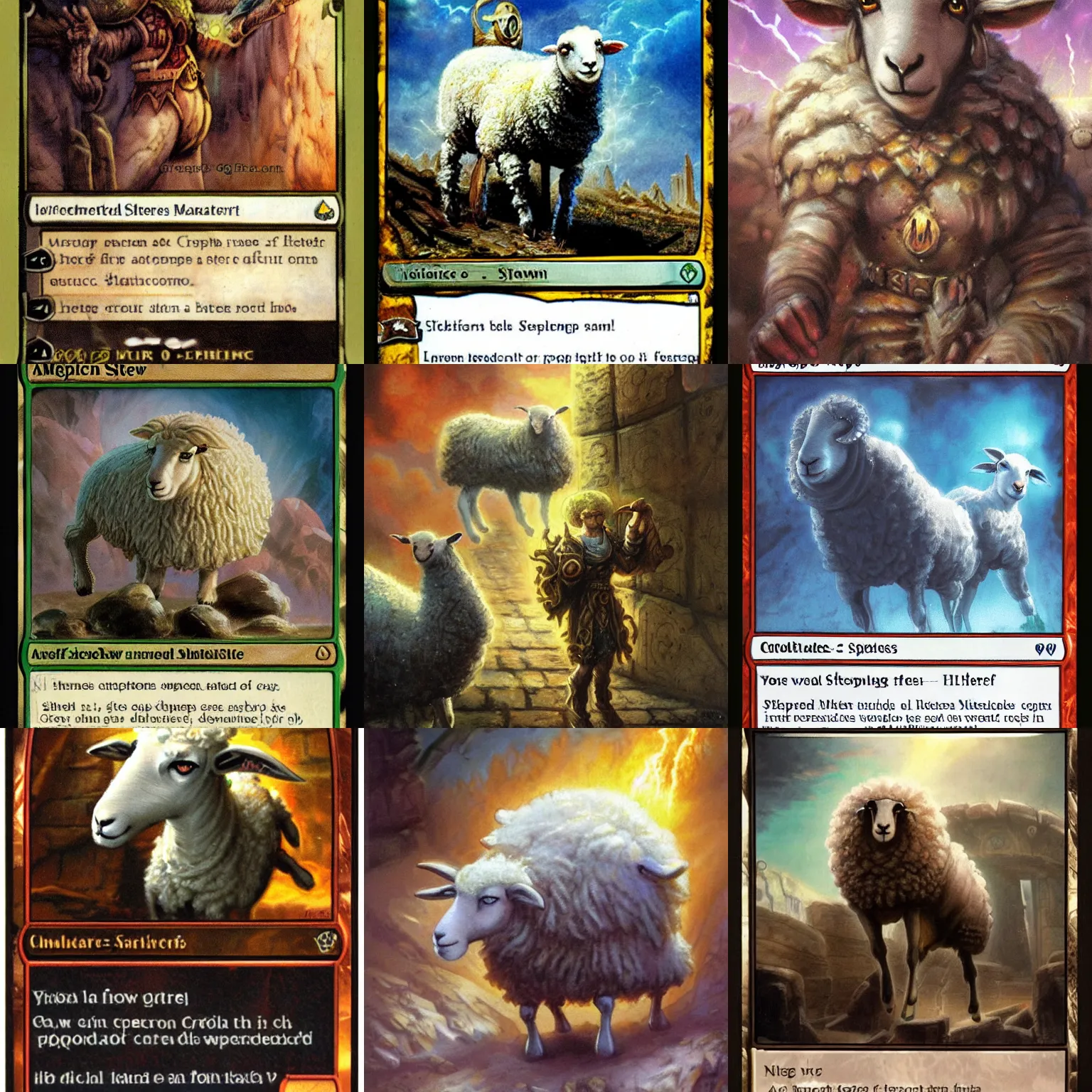 Prompt: A sheep as a Magic the Gathering card, MTG, card art by Greg Staples