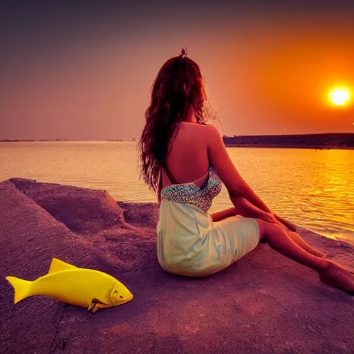 Image similar to beautiful egypt beautiful woman relaxing on sunset river with yellow coloured fish, coloured high detailed photo, sunset