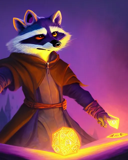 Image similar to closeup, highly detailed digital illustration portrait of hooded sorcerer sly cooper raccoon casting a magical glowing spell in a castle, action pose, d & d, magic the gathering, by rhads, lois van baarle, jean - baptiste monge,