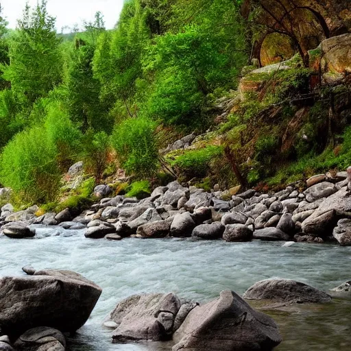 Image similar to a beautiful landscape, river, rocks, trees, lush vegetation