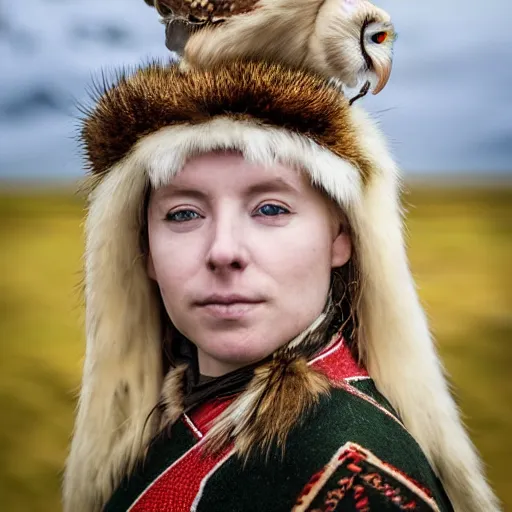 Image similar to symmetry!! portrait photograph of an extremely beautiful!!!! young blonde female with symmetric face. with a very detailed barn owl!!!!! on her shoulder. wearing traditional greenlandic national costume or kalaallisuut. in iceland. petzval lens. shallow depth of field. polaroid featured on flickr, art photography,