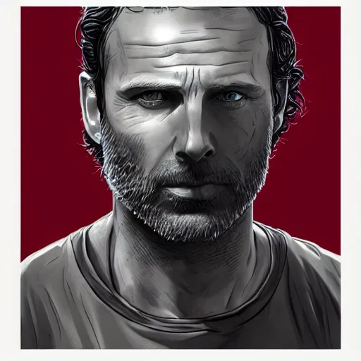 Image similar to rick grimes line art, the walking dead, zombie, head and shoulders shot, fantasy, medieval, vivid colors, elegant, concept art, sharp focus, digital art, Hyper-realistic, 4K, Unreal Engine, Highly Detailed, HD, Dramatic Lighting by Brom, trending on Artstation