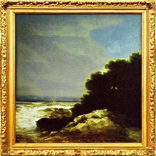 Prompt: incredible oil painting by goya, american romanticism, depicting nature landscape, bright, water, ocean, plants