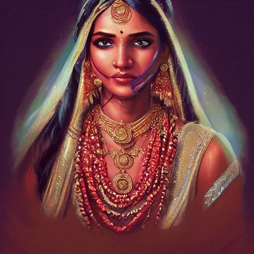 Prompt: portrait of Beautiful indian bride , full of details, matte painting, concept art, smooth, by Jordan Grimmer and by artgerm and by mark Brooks