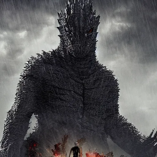 Prompt: dark tower, godzilla, overgrown, last day alive