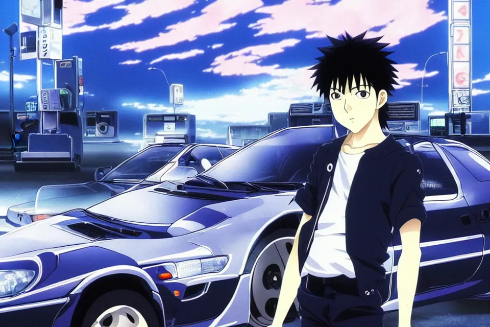 Image similar to very serious ryosuke takahashi with black hair wearing a dark blue shirt and white pants stands alone leaning on his white mazda rx 7 on an empty gas station, initial d anime screenshot, initial d anime 1 0 8 0 p, detailed anime face, high detail, 9 0 s anime aesthetic, volumetric lights, art by studio comet, pinterest wallpaper,