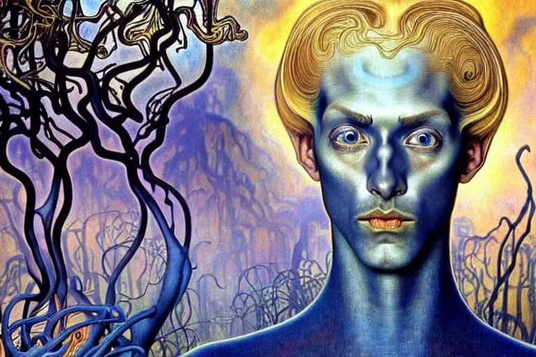 Image similar to realistic detailed portrait painting of a beautiful ghost man with blond hair with an alien, futuristic sci-fi forest on background by Jean Delville, Amano, Yves Tanguy, Alphonse Mucha, Ernst Haeckel, Edward Robert Hughes, Roger Dean, rich moody colours, blue eyes