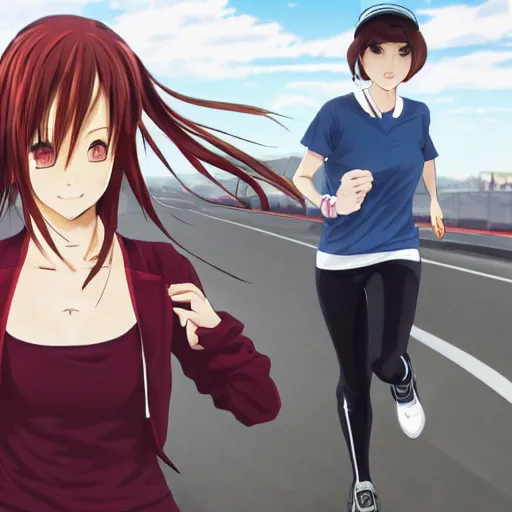 Image similar to anime style, gta 5, girl is running looking at you, red sport clothing, marathon race, brown short hair, hair down, symmetrical facial features, from arknights, hyper realistic, rule of thirds, extreme detail, 4 k drawing, safebooru, realistic lighting, by alphonse mucha, greg rutkowski, sharp focus, backlit