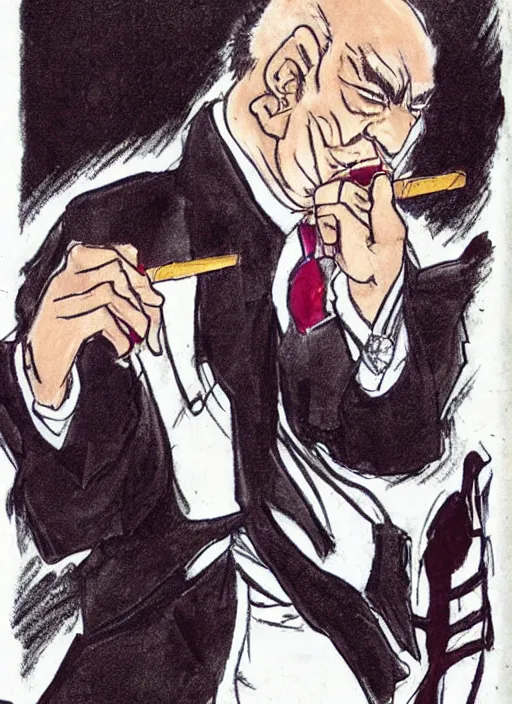 Prompt: heihachi mishima dressed formally, smoking a cigar, drawn in the style of keisuke itagaki