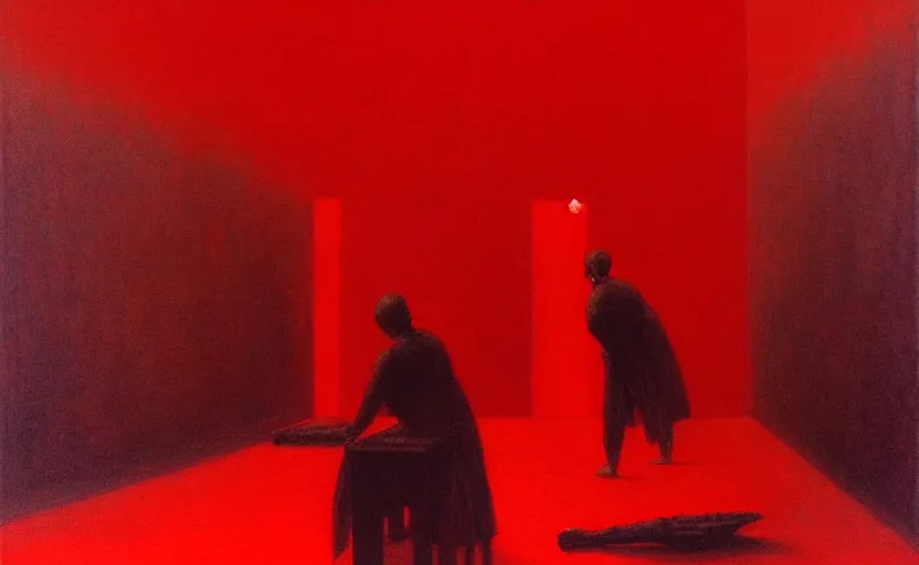 Image similar to only with red, death of communism, in the style of beksinski, parts by edward hopper, parts by rodcenko, parts by yue minjun, intricate and epic composition, red by caravaggio, insanely quality, highly detailed, masterpiece, red light, artstation
