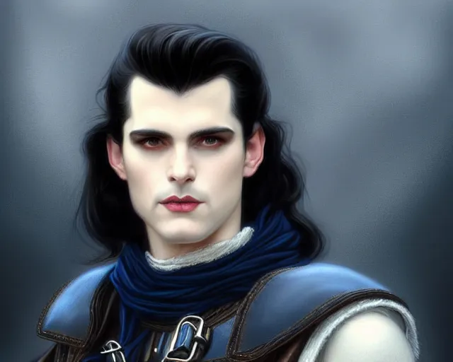 Image similar to handsome male clean shaved face portrait, long black hair blue eyes wearing leather mantle gothic navy cloak with leather details, cliffside town, fantasy character portrait, ultrarealistic, intricate details, elegant, cinematic lighting, highly detailed, artstation, d & d art, cgsociety, sharp focus, beautiful digital painting by artgerm, gerald brom, wlop, alphonse mucha