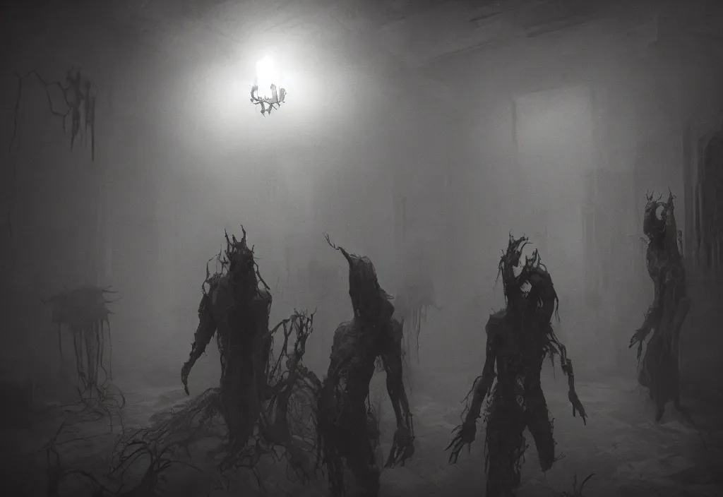 Image similar to eldritch demon ghosts in a room of a haunted house. realistic, cinematic lighting, octane tender, dark - art