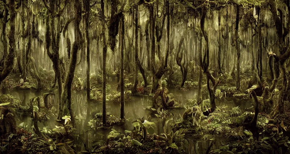 Image similar to A dense and dark enchanted forest with a swamp, by Kirsty Mitchell