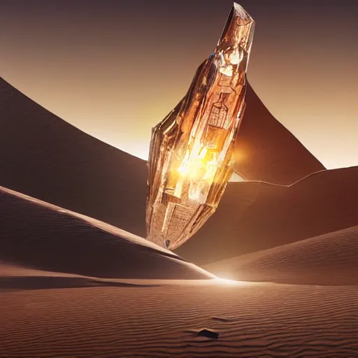 Prompt: huge angular vertical complex translucent crystal in the desert, reflection from the crystal is sparkling due to sun, small retro starship is near, futuristic hi-tech details, art by anthony macbain + greg rutkowski + alphonse mucha, concept art, 4k, sharp focus, cinematic render unreal engine