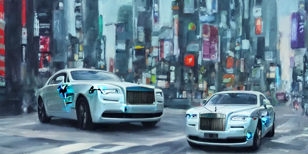 Prompt: a film still of a rolls royce wraith driving in the city of tokyo, oil painting, futuristic