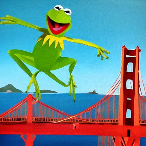 Image similar to “Painting of Kermit the Frog doing a cannonball off of the Golden Gate Bridge, by Bob Ross”