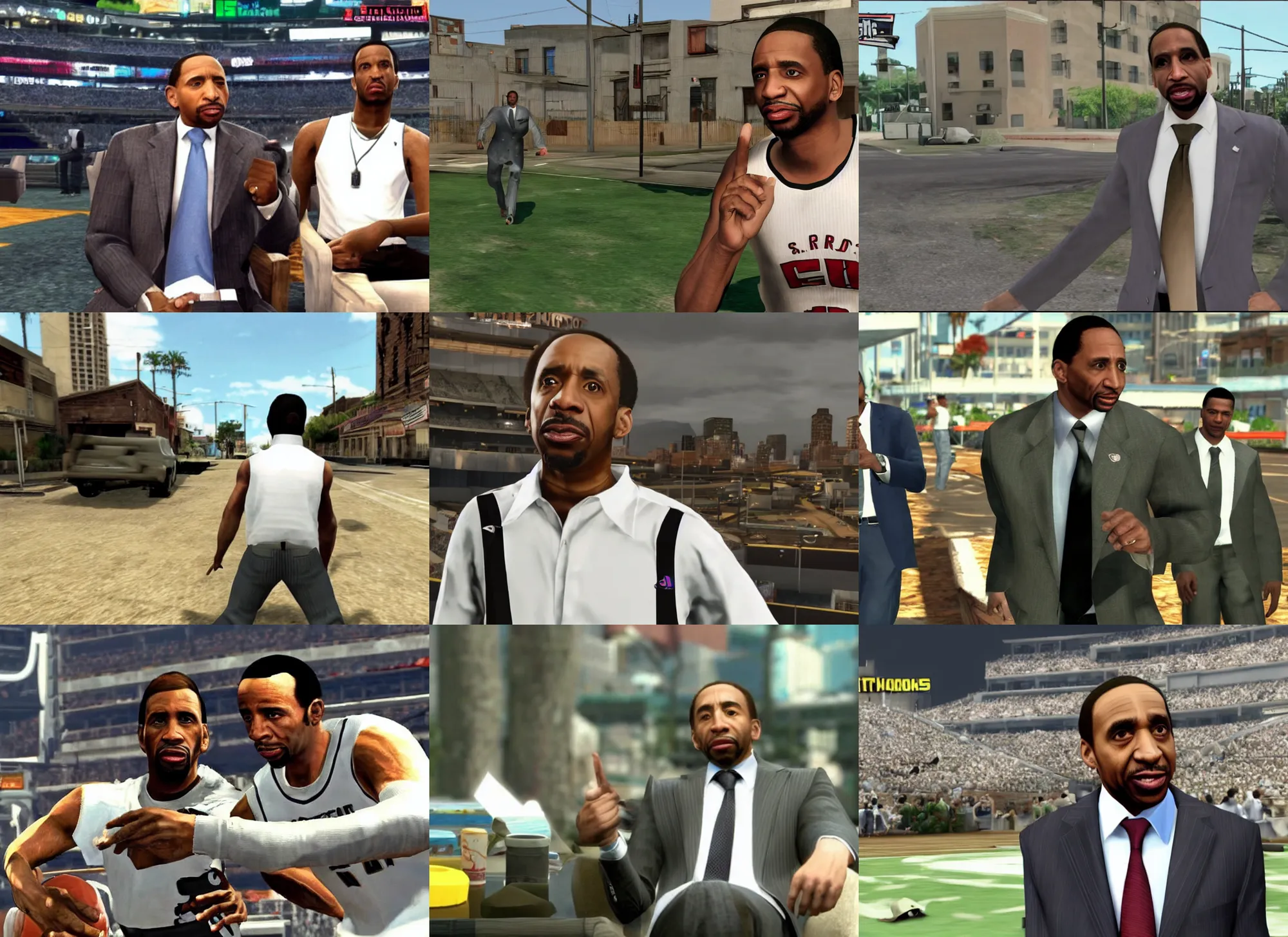 Prompt: still of stephen a. smith from espn's first take as in gta san andreas, action shot, playstation 2, ps 2