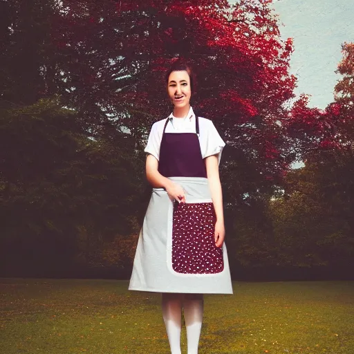 Image similar to a beautiful full body portrait of a young woman wearing an apron standing in a park, kantoku, james gilleard, very detailed, matte, gaussian blur, tone mapped