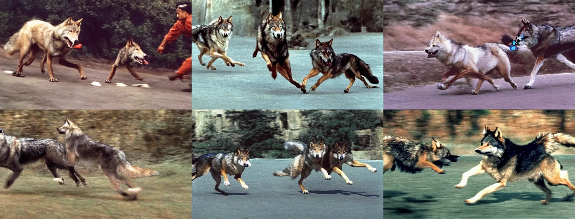 Prompt: full color still of a too realistic Makami wolf chasing a ronin, 150mm lens by Akira Kurosawa, 1980 cinematography