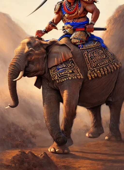 Image similar to portrait of a tai ethnic warlord rides an asian war elephant with emotional movement in the battlefield, closeup portrait, historical, tai ethnic decoration, elegant, loin cloth, highly detailed, oil painting, artstation, concept art, matte, sharp focus, illustration, hearthstone, art by earl norem