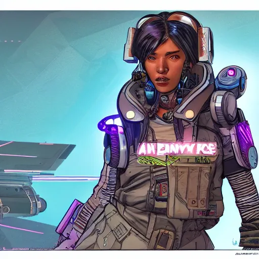 Image similar to Athena. Apex legends cyberpunk bounty hunter. Concept art by James Gurney and Mœbius.