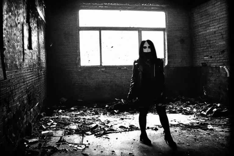 Image similar to a goth in leather, watching a black hole forming in the grimy grungy basement of an abandoned apartment block, grainy black and white photography