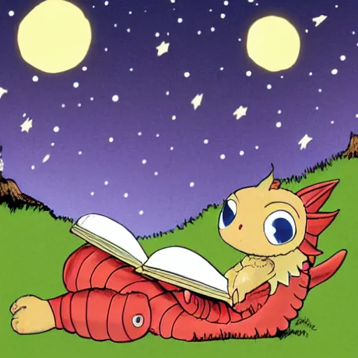 Image similar to cute dragon reading a book under the stars