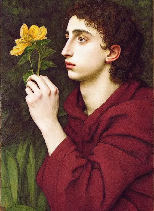 Image similar to (((( a painting of a Timothee Chalamet looking at a flower, a character portrait by Dürer, behance, pre-raphaelitism, da vinci, pre-raphaelite, detailed painting“