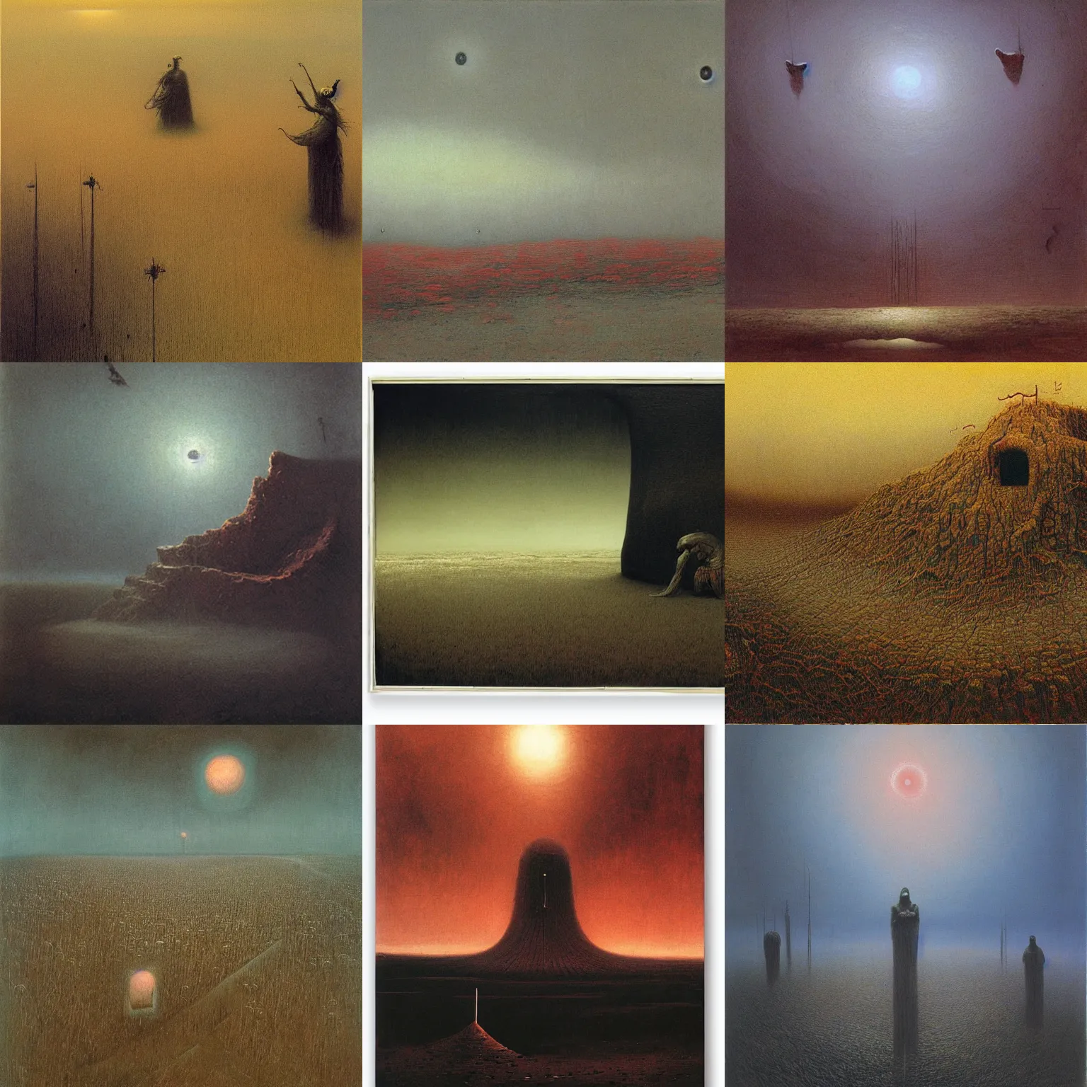 Prompt: painting of a strange land by beksinski