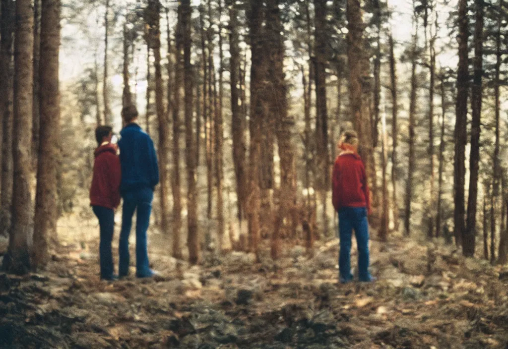 Image similar to lomo photo of two humans standing in front of a large cabin, cinestill, bokeh, out of focus, day, dramatic lighting