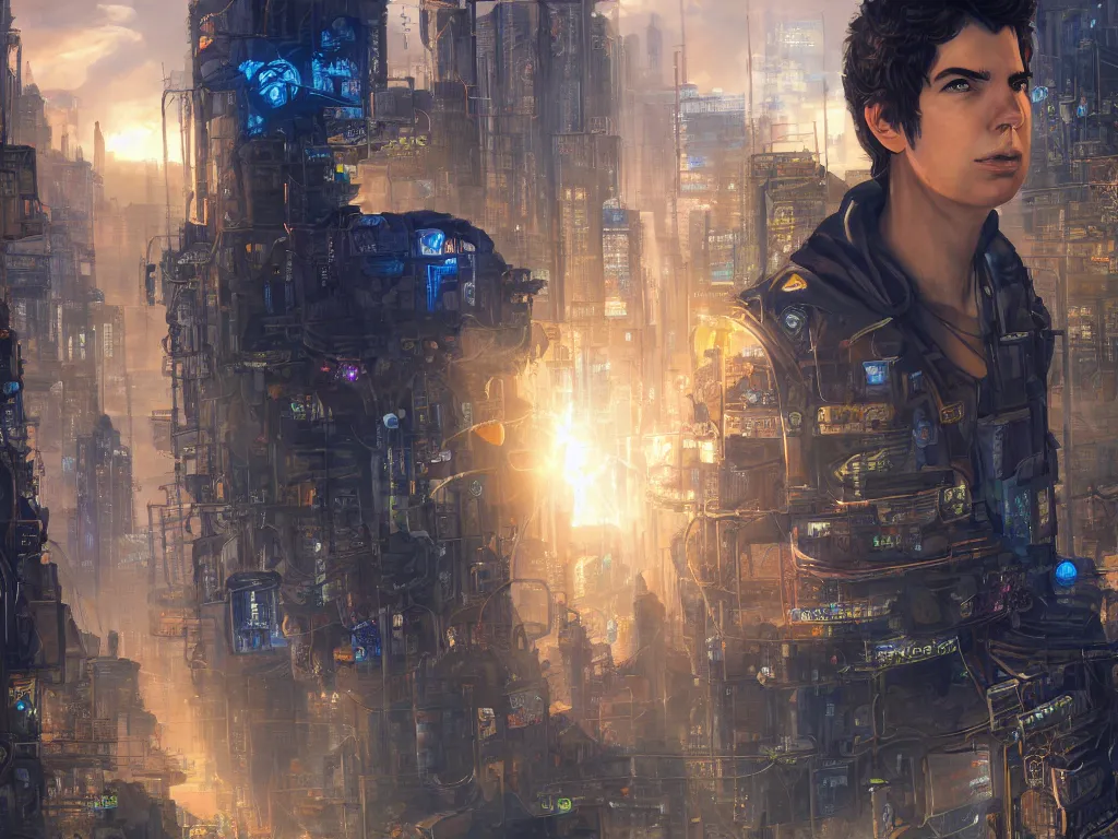 Prompt: detailed painting of percy jackson in a cyberpunk world, sunlight, hyper detailed 4 k, trending on artstation.