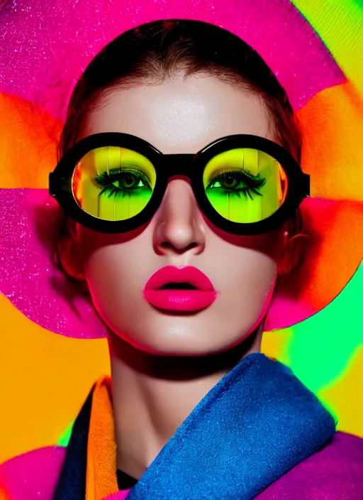 Prompt: coat for a rave,big glasses, bright colors, many details, prints, photo for a magazine, photo for a store, fashion photography, Vogue, 135 mm, cinematic, hyper realism, high detail, octane render, 8k, chrome accents, very coherent symmetrical artwork, perfect face model