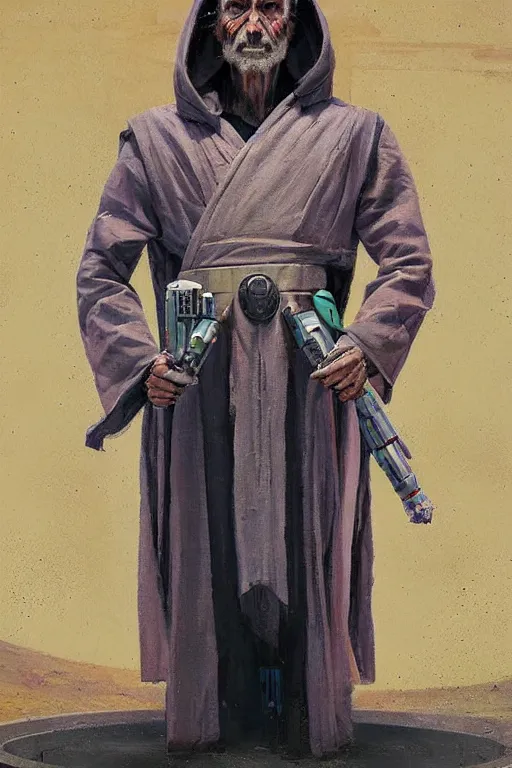 Prompt: symmetry!! a full body sci-fi portrait, oil painting, illustration of an old Jedi, colourful, by Justin Sweet and Greg Rutkowski and Alphones Much