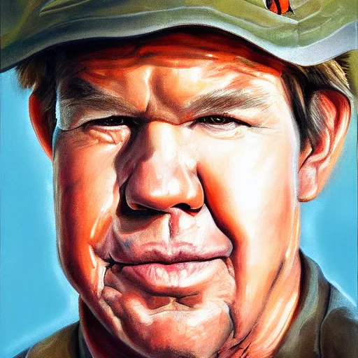 Image similar to a symmetrical portrait of a steve irwin, oil painting, pale colors, high detail, 8 k, wide angle, trending on artstation,