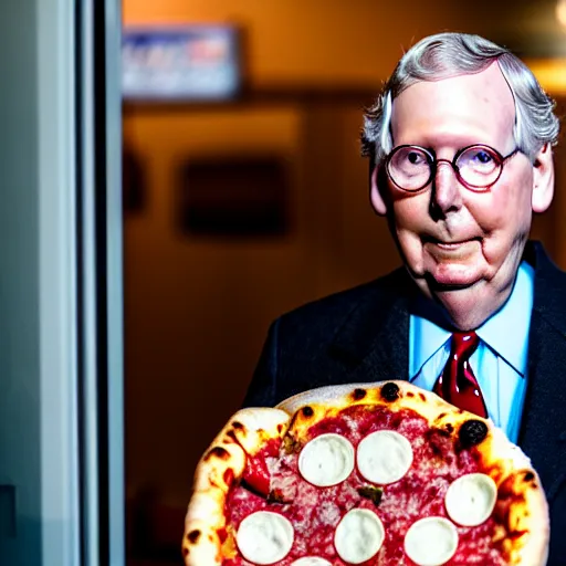 Image similar to photograph portrait of Mitch McConnell entering a pizza shop, sigma 85mm f/1.4, 4k, depth of field, high resolution, 4k, 8k, hd, full color