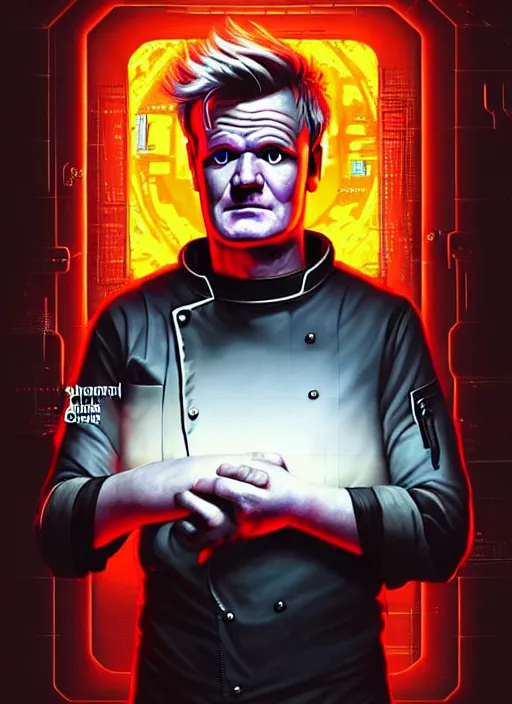 Image similar to cyberpunk gordon ramsey as the most talented chef in the universe, scifi kitchen background, diffuse lighting, fantasy, intricate, highly detailed, lifelike, photorealistic, digital painting, artstation, illustration, concept art, smooth, sharp focus, art by john collier and albert aublet and krenz cushart