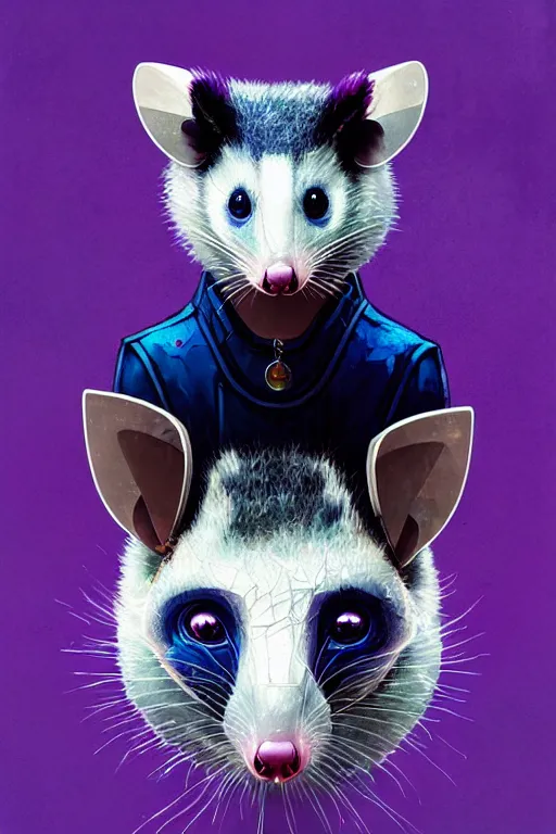 Image similar to a beautiful portrait of a cute cyberpunk opossum by sandra chevrier and greg rutkowski and wlop, purple blue color scheme, high key lighting, volumetric light, digital art, highly detailed, fine detail, intricate, ornate, complex, octane render, unreal engine, photorealistic