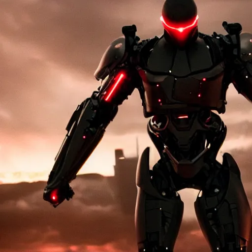 Prompt: movie still of a cool black cyborg, cinematic composition, cinematic light, by edgar wright