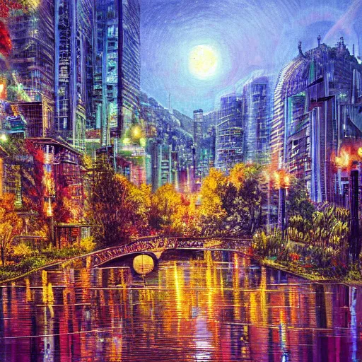 Prompt: Beautiful city of the future in harmony with nature. Beautiful detailed grainy painting by Lurid. (2022)