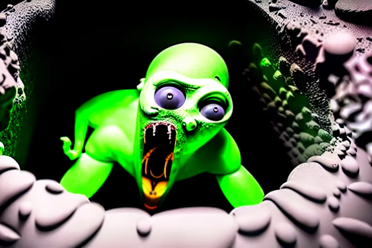 Prompt: evil mummy creature is inside an infested crevice filled with slime, the mumm is oozing with puss, evisceration damnation of the human race